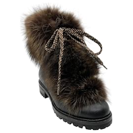 Christian Louboutin-Christian Louboutin Black Leather Fanny Flat Boots with Fur-Black