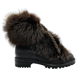 Christian Louboutin-Christian Louboutin Black Leather Fanny Flat Boots with Fur-Black