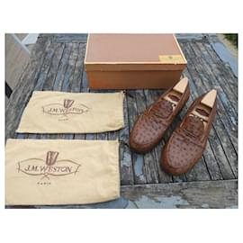 JM Weston-moccasin jm weston ostrich leather 9.5E 43.5 LARGE-Light brown