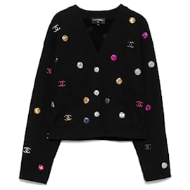 Chanel-CHANEL Black cotton cardigan with multicolored jewels size 36 in very good condition-Black
