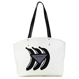 Prada-White Prada Canapa Banana Print Tote-White