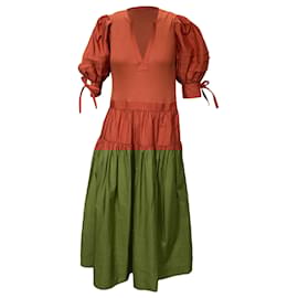 Ulla Johnson- Ulla Johnson Cintia Midi V-Neck Shirred Dress in Rust Orange Cotton-Other,Orange