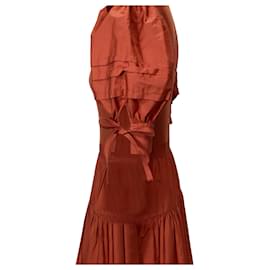Ulla Johnson- Ulla Johnson Cintia Midi V-Neck Shirred Dress in Rust Orange Cotton-Other,Orange