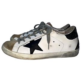 Tênis baixos Golden Goose Super-Star com aba brilhante em couro de vaca branco Branco Cru