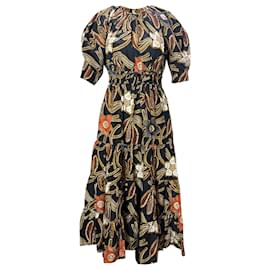 Ulla Johnson- Ulla Johnson Zeenat Floral Print Shirred Midi Puffed Sleeve Dress in Multicolor Silk-Other,Python print