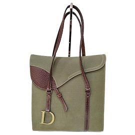 Christian Dior Saddle Bag Rectangular Khaki Leather and Cloth Khaki