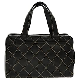 Chanel-CHANEL Matelasse Wild Stitch Hand Bag Leather Black CC Auth 95716-Black