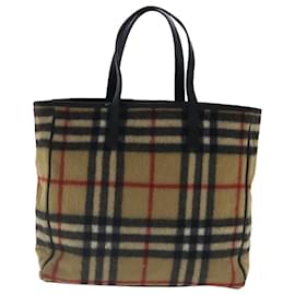 Autre Marque-Burberrys Nova Check Blue Label Tote Bag Wool Leather Beige Silver Auth 97206-Black,Silvery,Beige