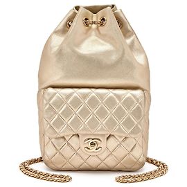 Chanel Metallic Gold Quilted Lambskin Drawstring Backpack Golden Gold hardware