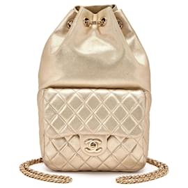 Chanel-Chanel Metallic Gold Quilted Lambskin Drawstring Backpack-Golden,Gold hardware