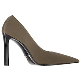 Prada- Prada Logo Plaque Pointed-Toe Pumps in Olive Suede-Green,Olive green