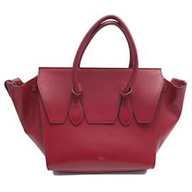 Céline-CELINE TIE BAG MINI RED LEATHER HAND BAG PURSE 25CM-Red