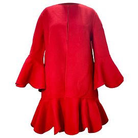 Valentino Garavani Ruffled Hem Bell Sleeve Coat in Red Wool Red