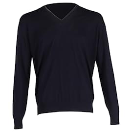 Prada-Prada V-Neck Sweater in Navy Blue Wool-Blue,Light blue