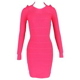 Abito lungo a maniche lunghe in bandage Herve Leger al ginocchio in rayon rosa Rosa