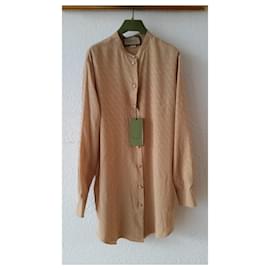 Gucci-GUCCI SILK SHIRT WITH JACQUARD PATTERN.-Beige