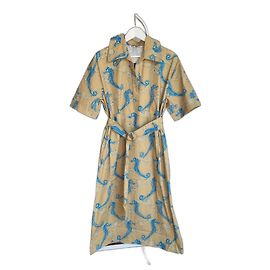 Samsoe & Samsoe Vestido midi de algodão Malene da Samsoe Samsoe com cinto Azul Multicor Bege