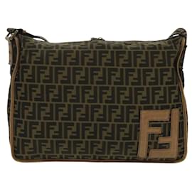 Fendi-FENDI Zucca Canvas Shoulder Bag Black Brown Auth ep6186-Brown,Black