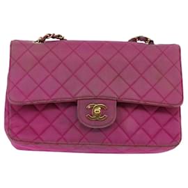 Chanel-CHANEL Matelasse Chain Shoulder Bag Satin Gold Pink CC Auth 96601-Pink,Golden