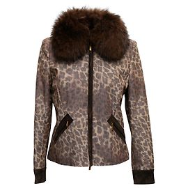 Brown & Black Les Copains Leopard Print Fox Fur Trimmed Jacket Size IT 40 Brown