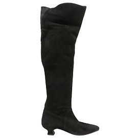 Black Fendi Suede Pointed-Toe Knee-High Heeled Boots Size 7 Black