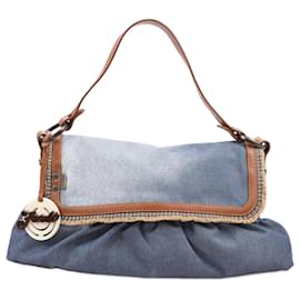 Fendi-Fendi Denim and Leather Chef Shoulder Bag in Blue/Tan 8BR436-Blue