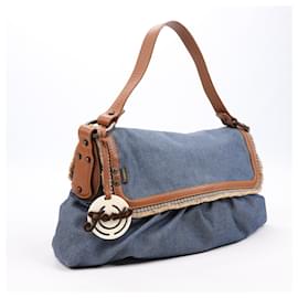 Fendi-Fendi Denim and Leather Chef Shoulder Bag in Blue/Tan 8BR436-Blue