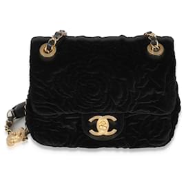Chanel-Chanel Black Camellia Embossed Velvet Mini Square Flap Bag-Black
