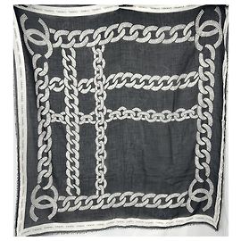 Écharpe Chanel logo CC en cachemire et soie noir blanc gris Noir Blanc Gris