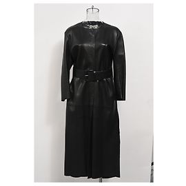 Acne Studios Long Coat with Belt in Black Leather Black
