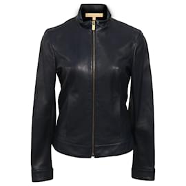 Michael Kors-Michael Kors Zipped Jacket in Navy Blue Leather-Blue,Navy blue