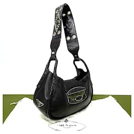 Prada-Prada Leather Triangle Logo Studded Mini Tote Bag-Black