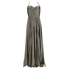 Dolce & Gabbana- Dolce & Gabbana Ruched Pleated Maxi Gown in Metallic Silver Nylon-Silvery,Metallic