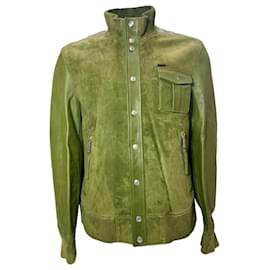 Dsquared2-Dsquared2 Buttoned Jacket in Green Suede and Leather-Green,Olive green