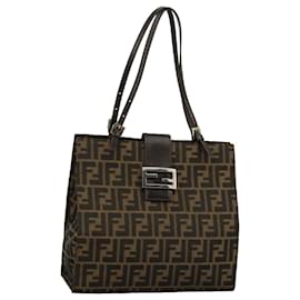 Fendi-FENDI Zucca Canvas Tote Bag Brown Black Silver Auth 97934-Brown,Black,Silvery