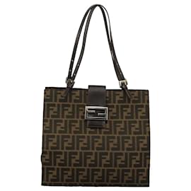 Fendi-FENDI Zucca Canvas Tote Bag Brown Black Silver Auth 97934-Brown,Black,Silvery