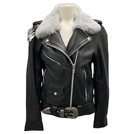 Autre Marque-Understated Leather Black / Grey Fur Collar Moto Zip Leather Jacket-Black