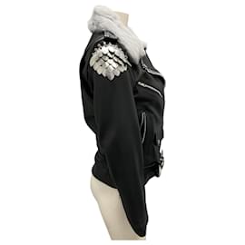 Autre Marque-Understated Leather Black / Grey Fur Collar Moto Zip Leather Jacket-Black