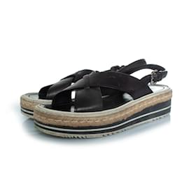 Prada-Prada, Crossover platform sandals with raffia-Black