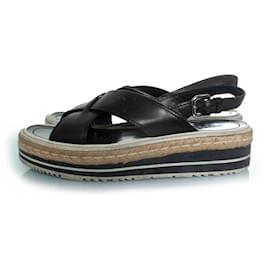 Prada-Prada, Crossover platform sandals with raffia-Black