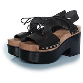 Balenciaga-Balenciaga, Wooden and leather clog lace up sandals-Black