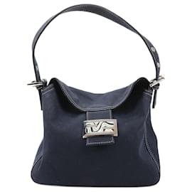 Fendi-Sac à bandoulière FENDI Mamma Baguette FF Marble Double Flap en denim bleu marine-Bleu