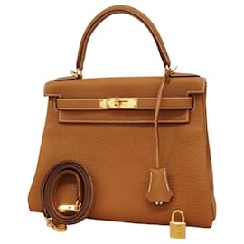 Hermès-Hermes Kelly 28 Handbag in Gold Togo Leather-Golden