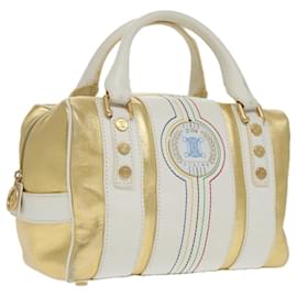 Céline-CELINE Boston Bag Leather White Gold Auth 96232A-White,Golden