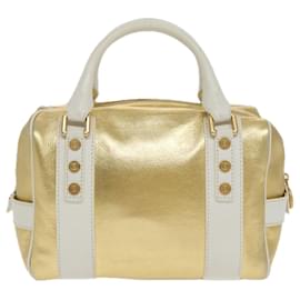 Céline-CELINE Boston Bag Leather White Gold Auth 96232A-White,Golden