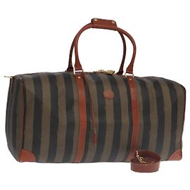 FENDI Pecan Canvas Boston Bag 2way Brown Black gold Auth ep6281 Brown Black Golden