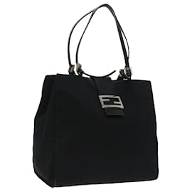 Fendi-FENDI Mamma Baguette Tote Bag Nylon Leather Black Silver Auth 97258-Black,Silvery