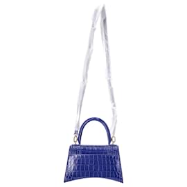 Balenciaga- Balenciaga Small Hourglass Crocodile Embossed Top Handle Bag in Blue Calfskin Leather-Blue