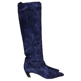 Khaite Kitten Heeled Knee-High Boots in Navy Blue Suede Blue Navy blue
