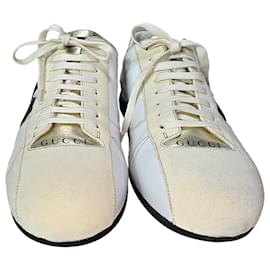 Gucci-Gucci Web Lace-Up Sneakers in Cream Suede and Leather-White,Cream